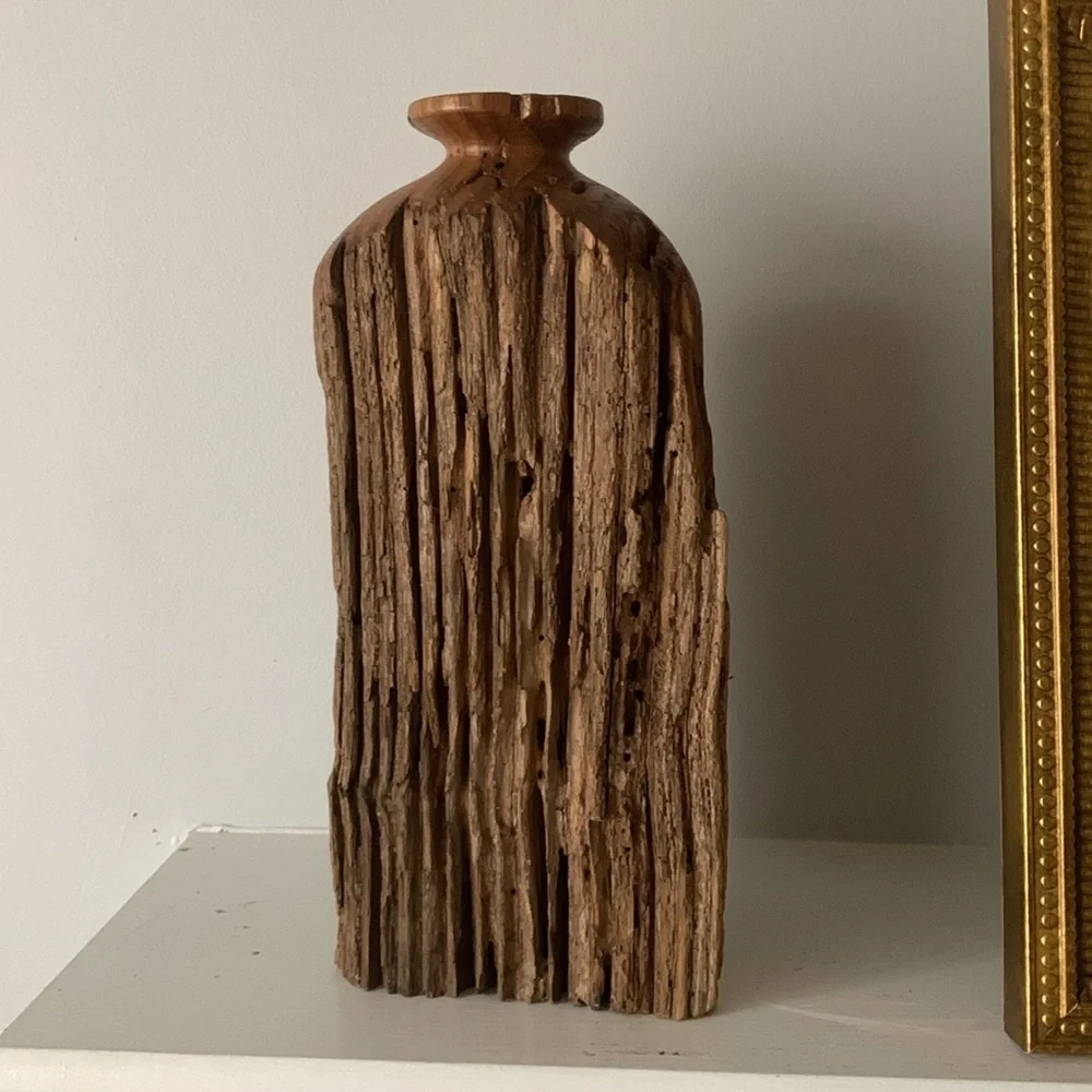 Vintage Wood Lathe Turned Vase Sculpture Carving Early century Art Tall hand md - Picture 7 of 10
